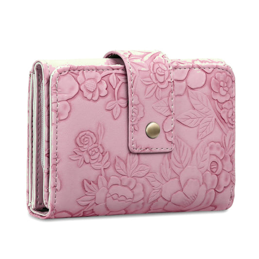 Pretty in Pink dusty pink floral embossed wallet, front angle