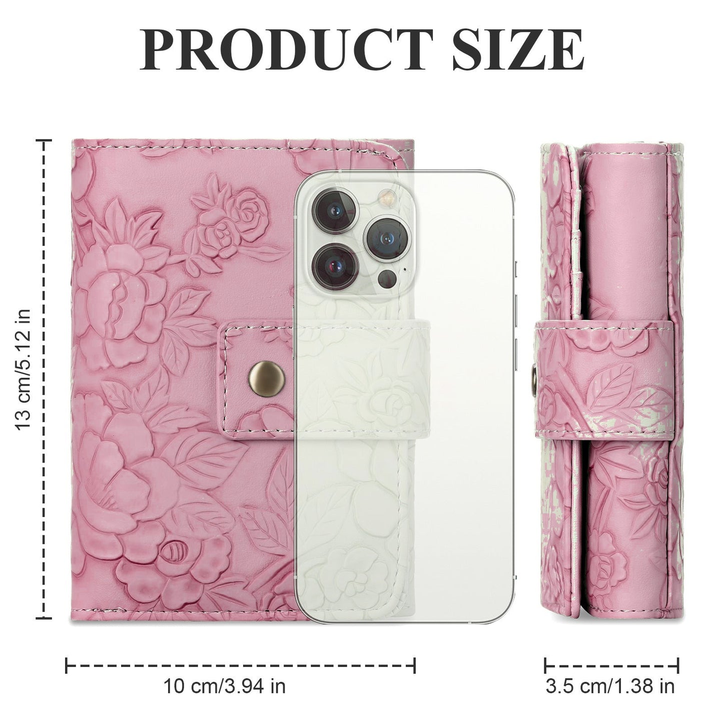 Pretty in Pink wallet size chart, 13cm by 10cm by 3.5cm
