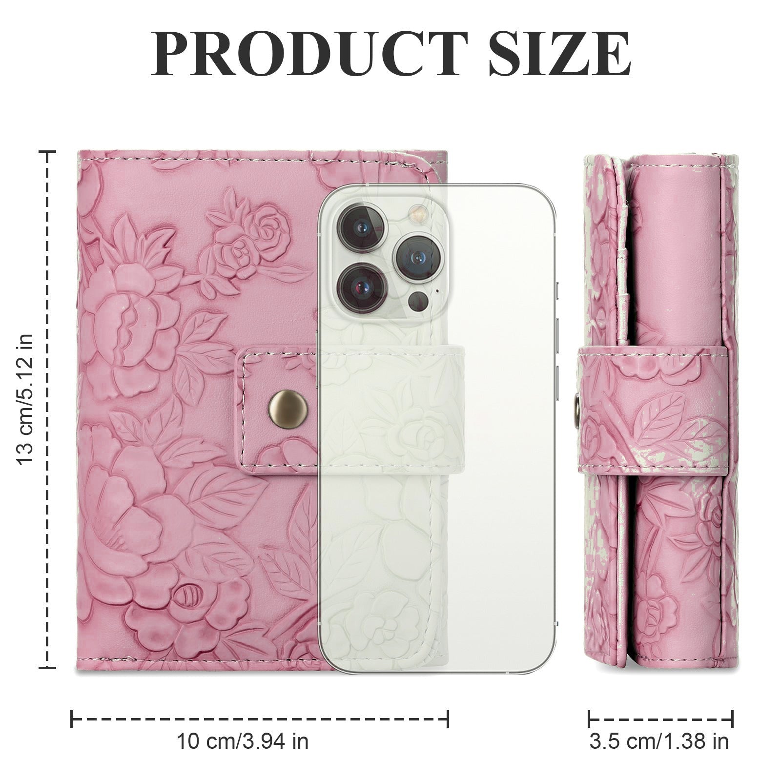 Pretty in Pink wallet size chart, 13cm by 10cm by 3.5cm